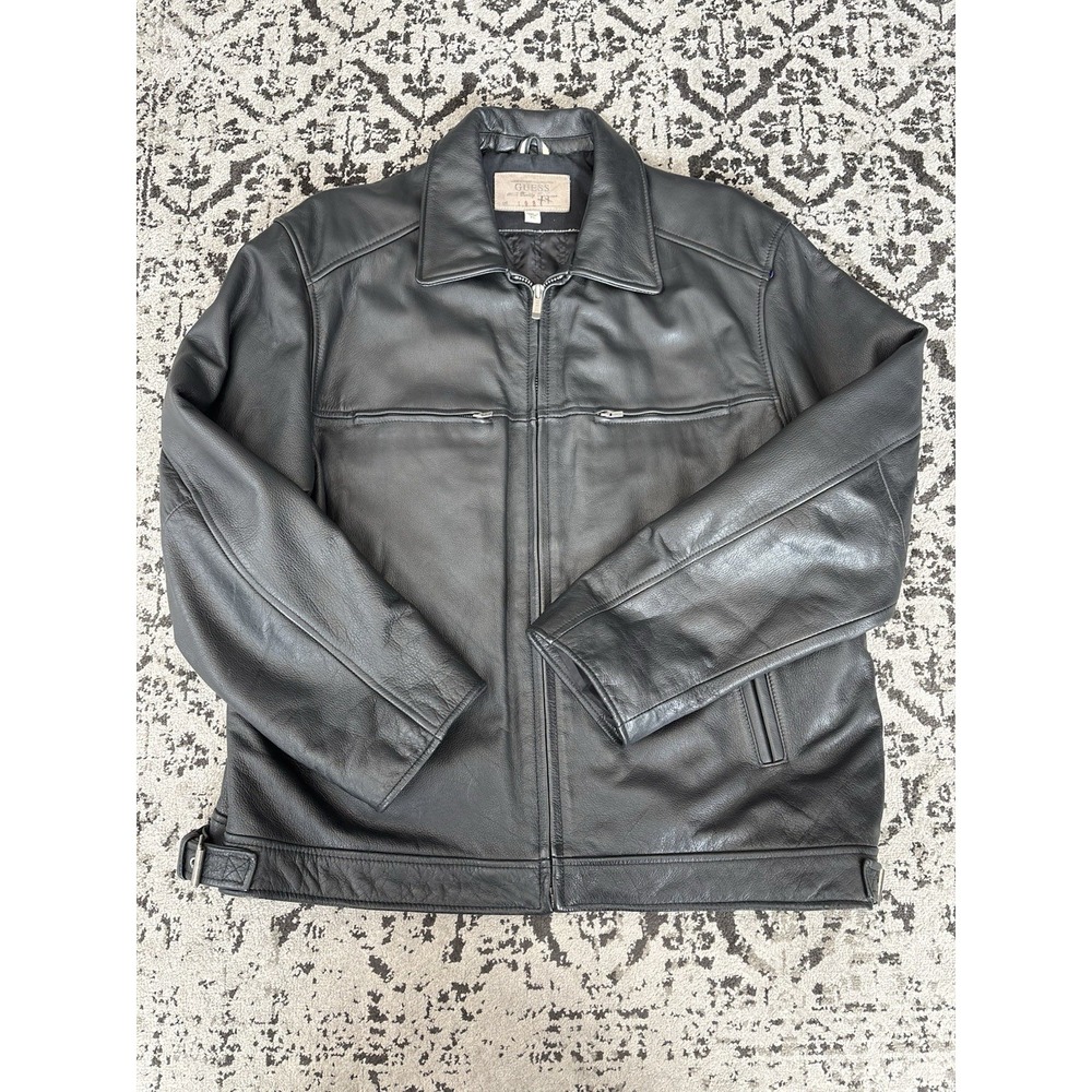 VTG Guess Men's Jacket Coat Genuine Leather Biker Light Quilting Zipper Black XL